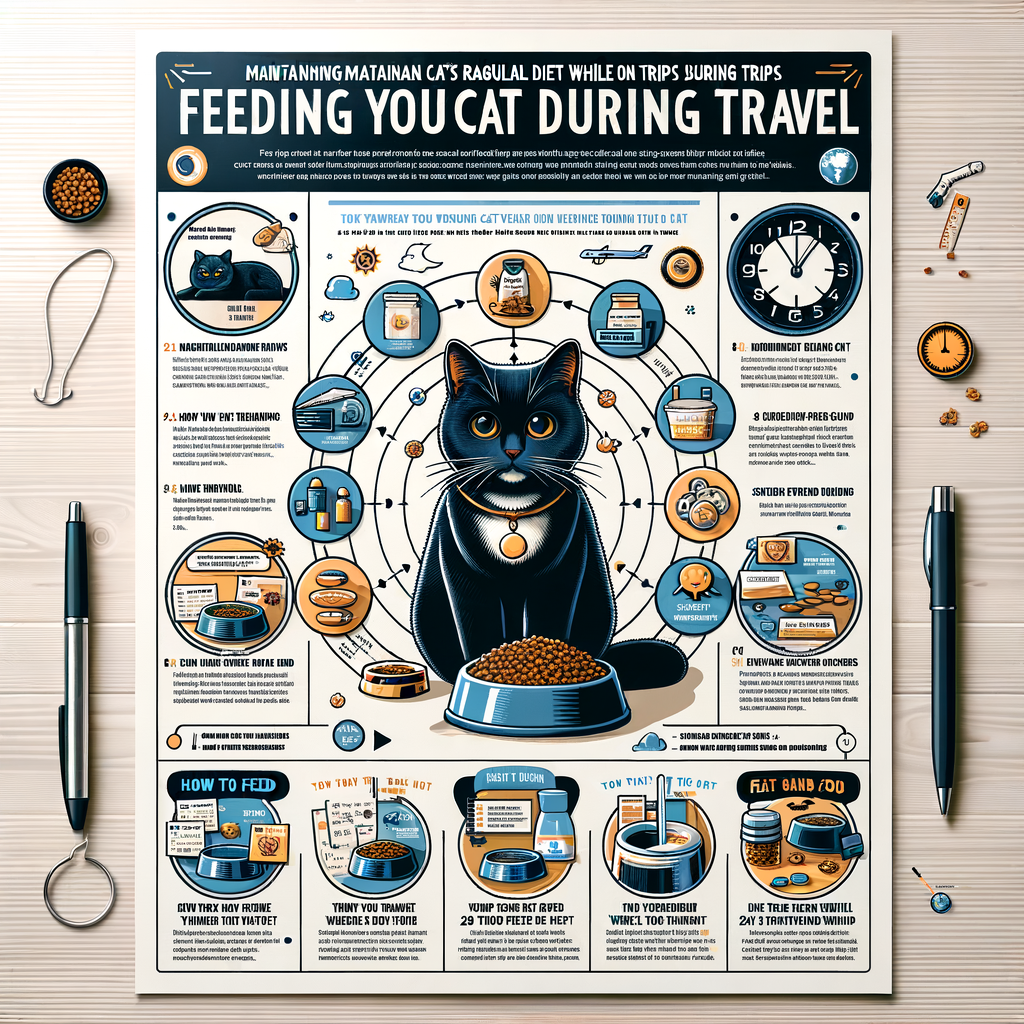 Infographic providing cat travel feeding tips for maintaining a cat's diet on trips, emphasizing the importance of cat care during travel and acting as a visual guide for feeding your cat while on vacation.