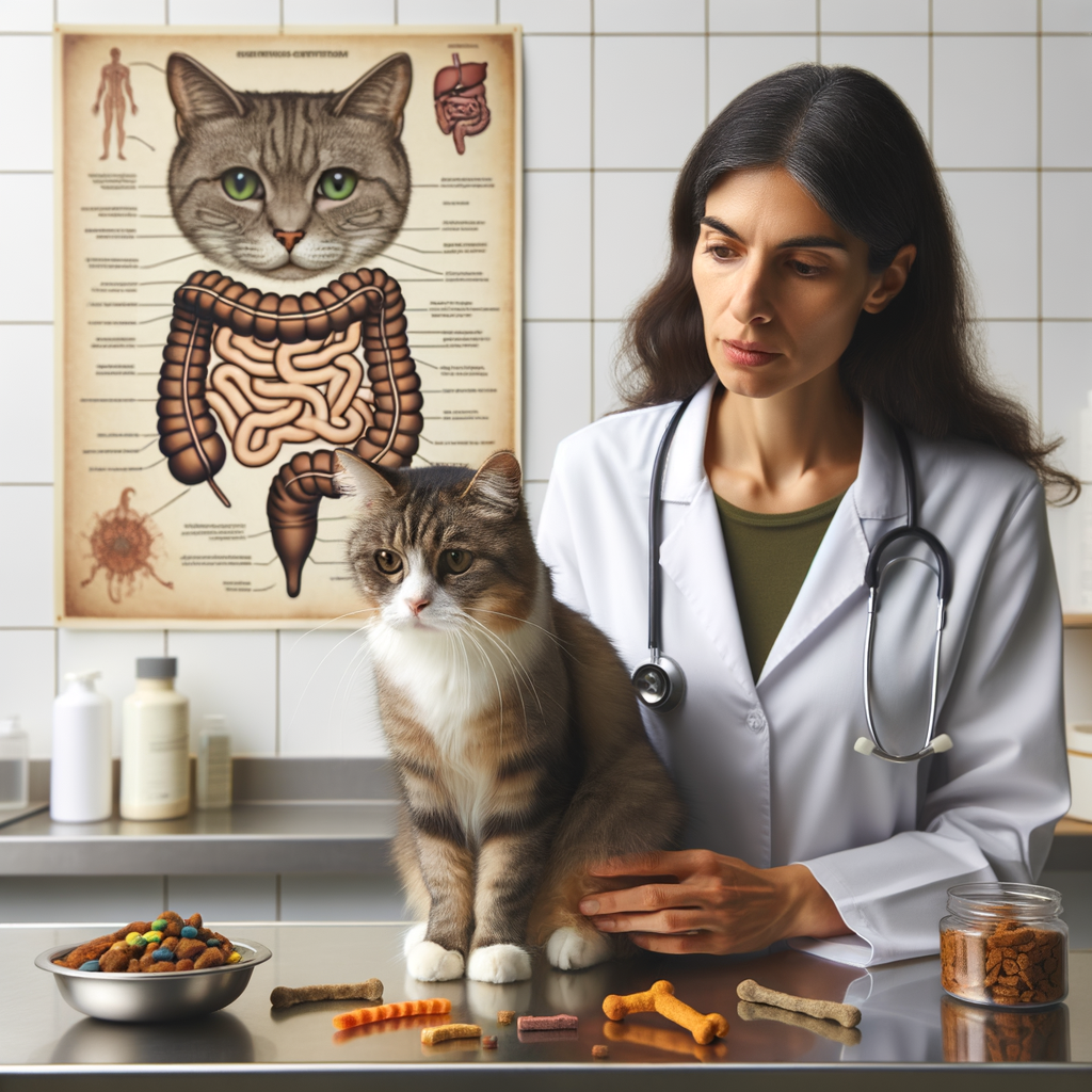 Veterinarian investigating potential link between cat treats and diarrhea, addressing feline digestive issues and causes of cat diarrhea, highlighting the effects of cat treats on feline tummy troubles and cat food allergies.