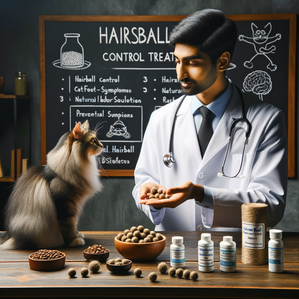 Vet demonstrating hairball control for cats using cat treats for hairball control, with a variety of hairball remedies for cats including hairball control cat food and natural hairball remedies, with a chalkboard in the background listing cat hairball symptoms and hairball control tips for managing cat hairballs.