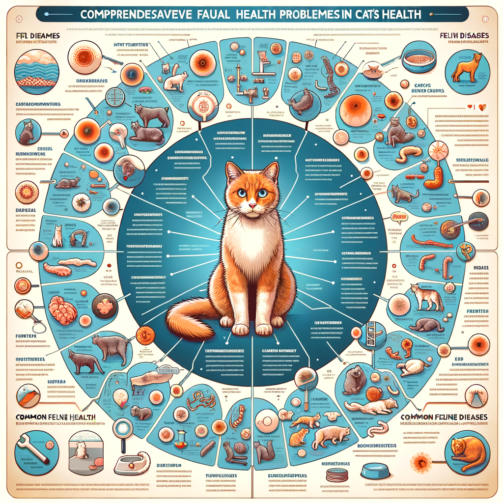 Infographic illustrating common cat health issues, symptoms of feline diseases, and comprehensive cat health care guide for understanding and managing common feline illnesses.