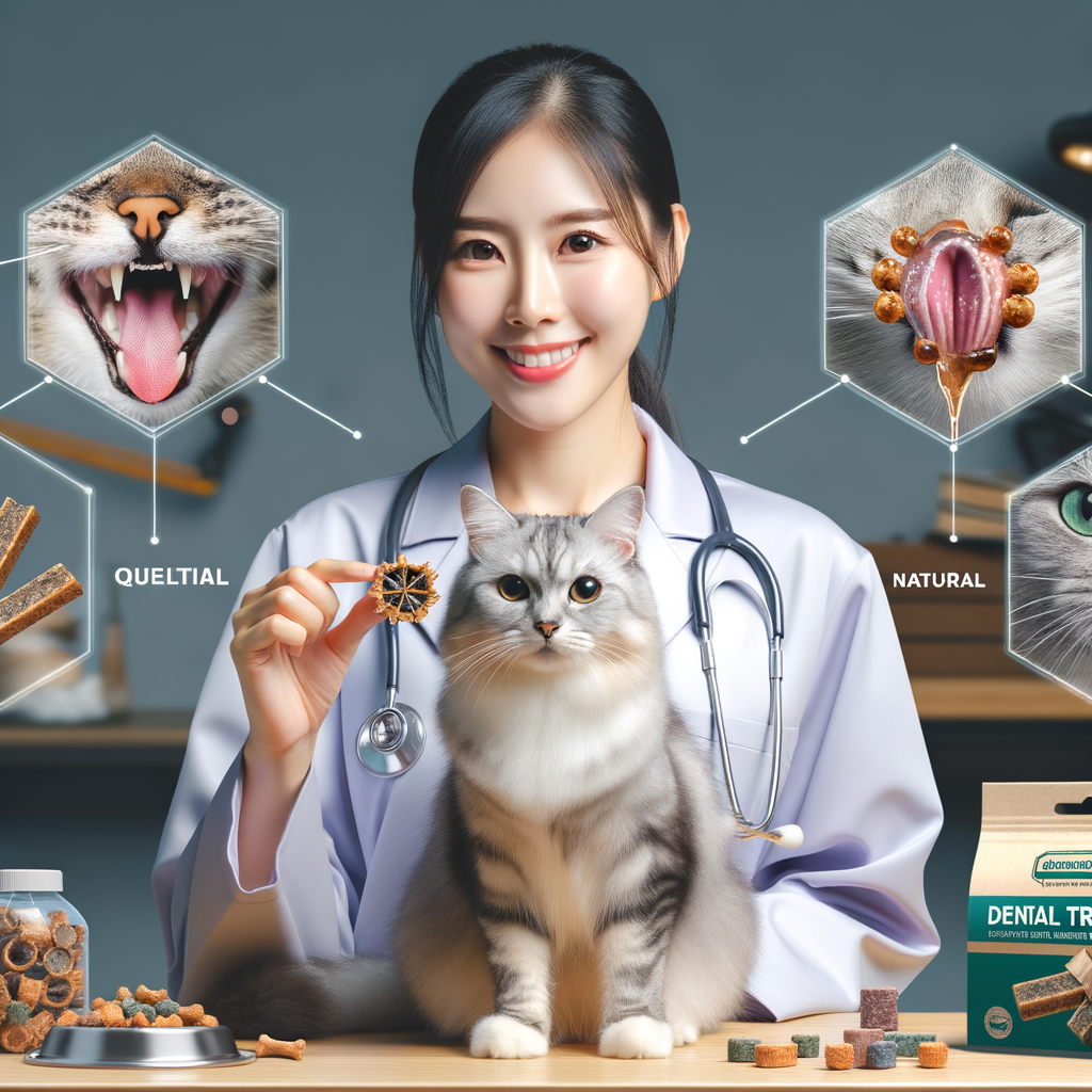 Veterinarian explaining cat dental treats benefits for oral care in cats, showcasing best cat dental treats, a cat enjoying teeth cleaning treats, and the improvement in cat oral hygiene for maintaining cat oral health.