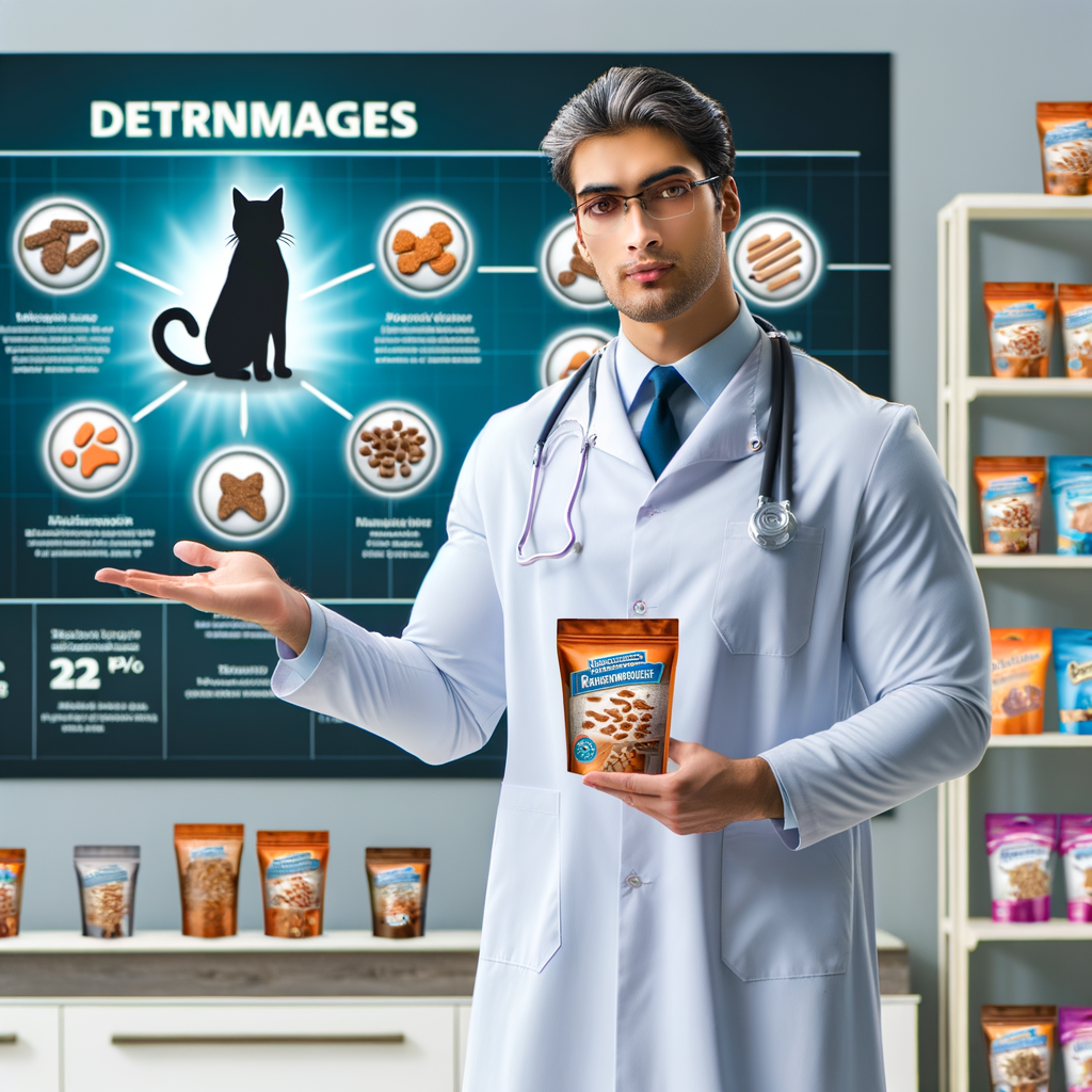 Professional vet explaining benefits of wet cat treats in a pet store, providing an informative guide for pet owners on choosing the best wet cat treats for cat nutrition